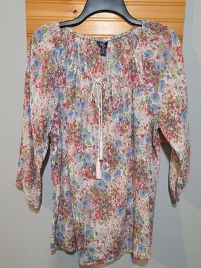 Chaps Floral Peasant Top Tassel Tie Neck Long Sleeve Medium EUC